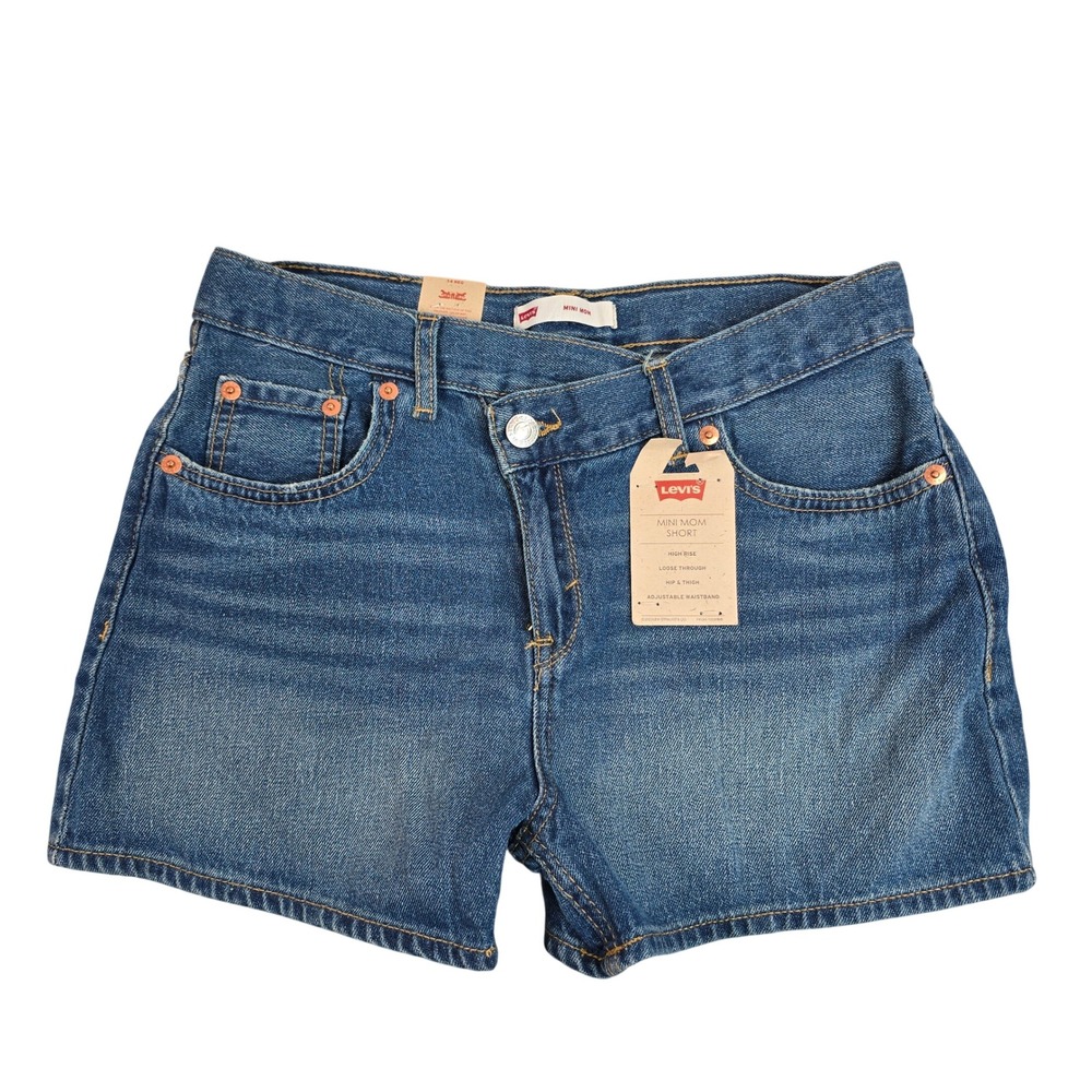 Levis Girls Mini Mom Shorts Size 14 Reg High Rise Adjustable Waist Denim Blue